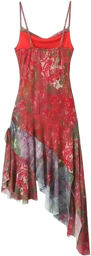 Women Flower Irregular Mesh Sleeveless Dress Slim Asymmetric Ruffles Hem Mini Party Robe