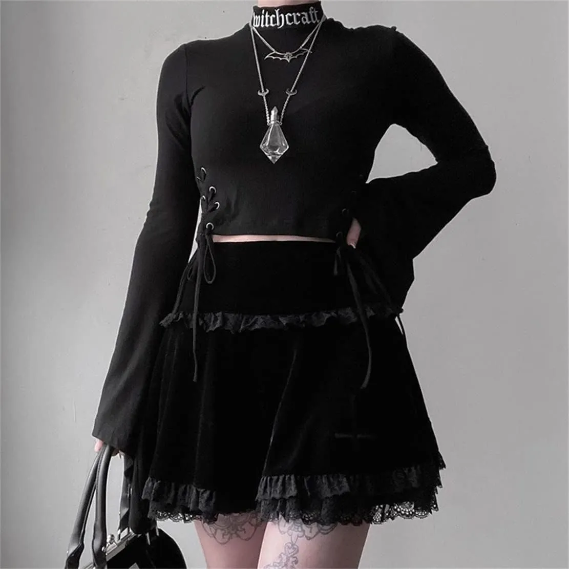 Women Gothic Mini Skirt Fairy Grunge Punk High Waisted A-Line Pleated Skirts Y2k E-Girl Long Maxi Skirt