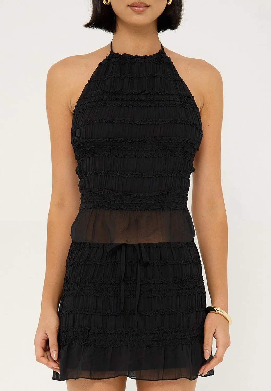 Women Lace Two Piece Skirt Set Halter Sleeveless Backless Top Summer Mesh Sheer Flowy Mini Skirt Set Going Out Outfit