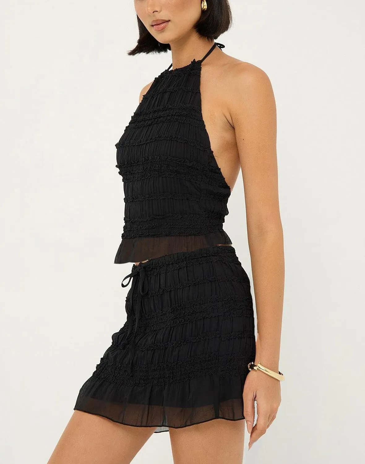 Women Lace Two Piece Skirt Set Halter Sleeveless Backless Top Summer Mesh Sheer Flowy Mini Skirt Set Going Out Outfit