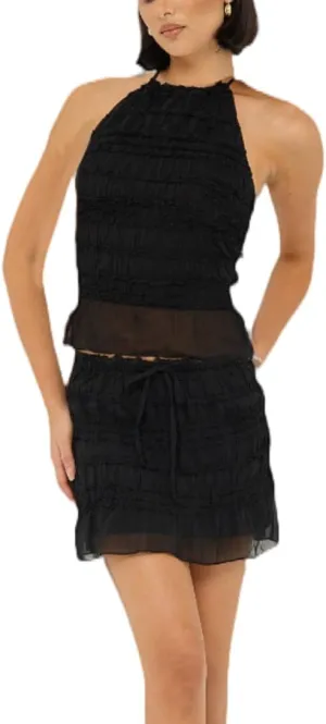 Women Lace Two Piece Skirt Set Halter Sleeveless Backless Top Summer Mesh Sheer Flowy Mini Skirt Set Going Out Outfit