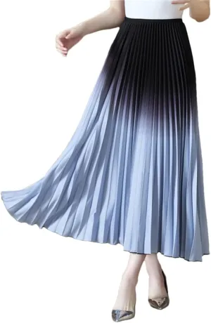 Women Pleated Gradient Skirts Casual Elastic Waist Big Swing A-Line Long Skirt Vintage Party Skirts