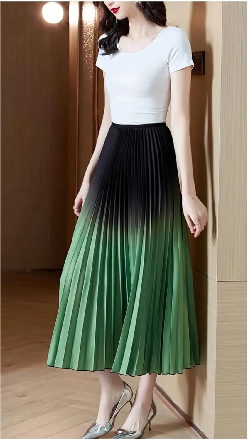 Women Pleated Gradient Skirts Casual Elastic Waist Big Swing A-Line Long Skirt Vintage Party Skirts
