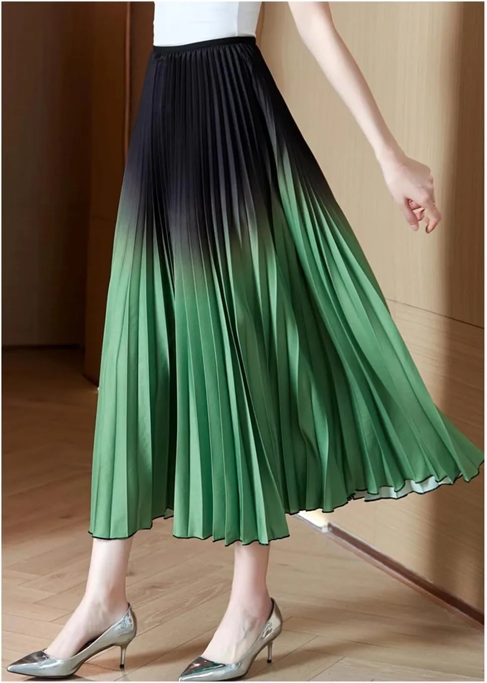 Women Pleated Gradient Skirts Casual Elastic Waist Big Swing A-Line Long Skirt Vintage Party Skirts