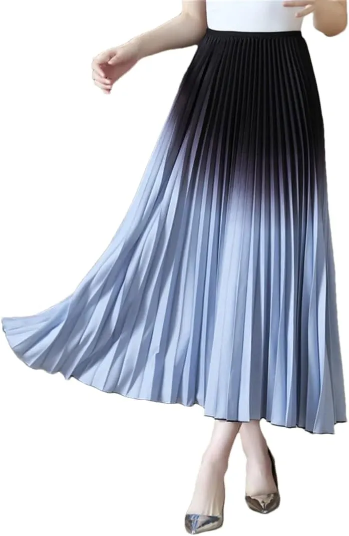 Women Pleated Gradient Skirts Casual Elastic Waist Big Swing A-Line Long Skirt Vintage Party Skirts