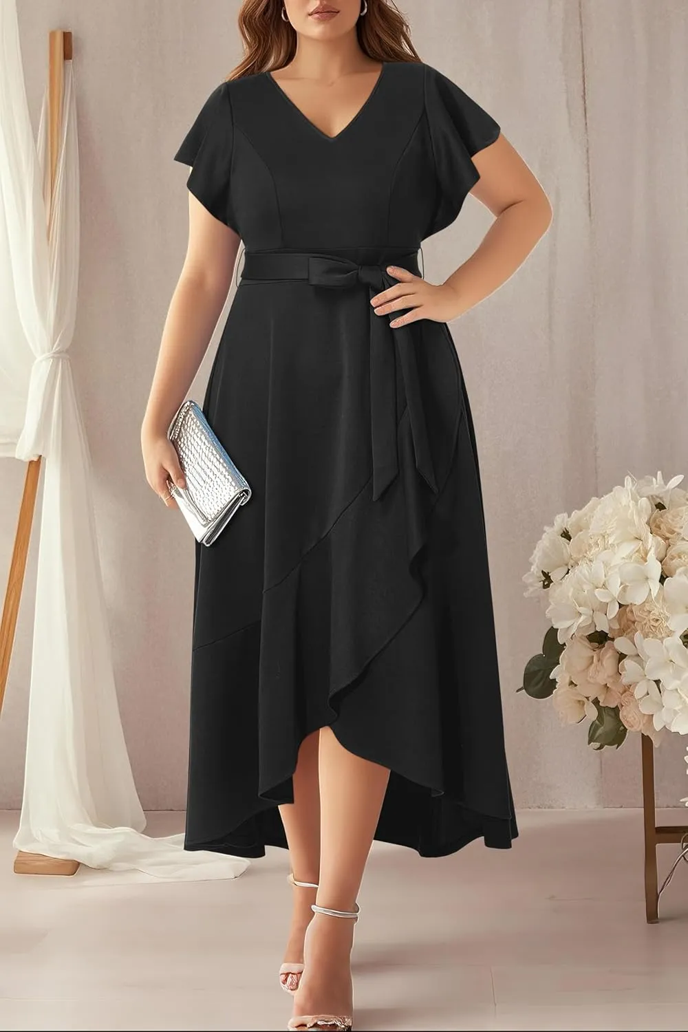 Women Plus Size Wedding Guest Dress - Formal Cocktail Split Ruffle V Neck High Low Party Long Maxi Dresses 2025