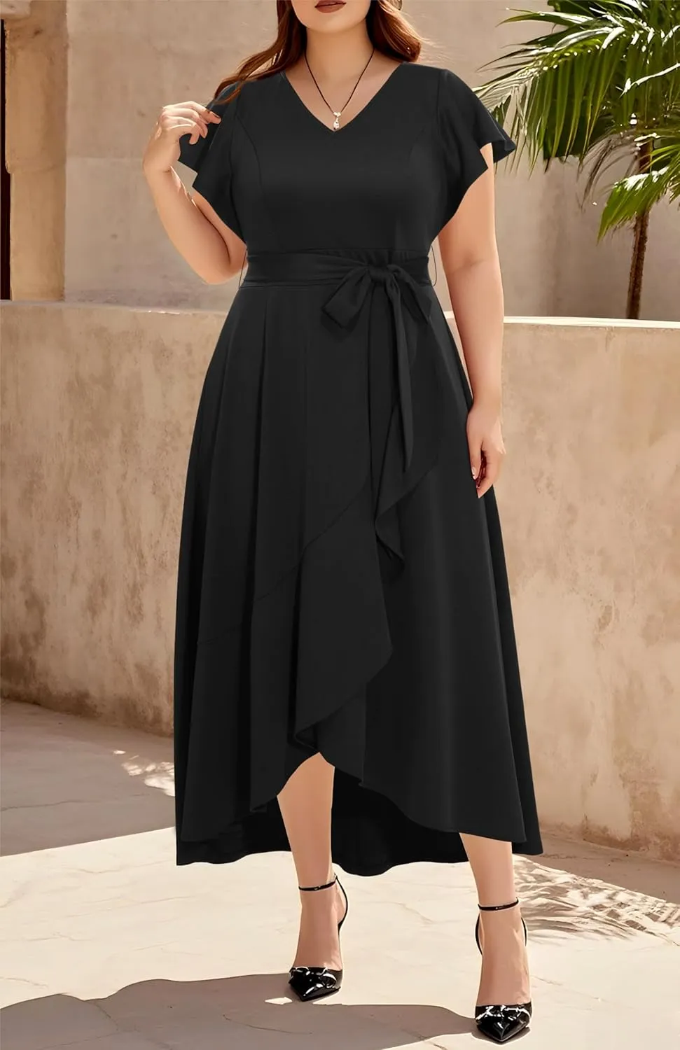 Women Plus Size Wedding Guest Dress - Formal Cocktail Split Ruffle V Neck High Low Party Long Maxi Dresses 2025