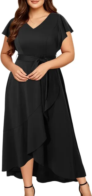 Women Plus Size Wedding Guest Dress - Formal Cocktail Split Ruffle V Neck High Low Party Long Maxi Dresses 2025