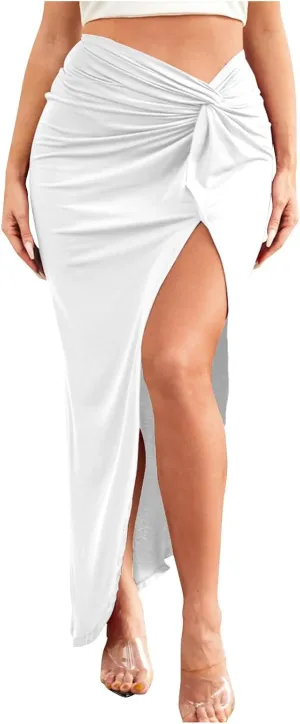 Women Sexy Night Out Midi Skirt, Asymmetrical Split Thigh Casual Skirt Front Twist Knot Pleated Summer Trendy Clothes