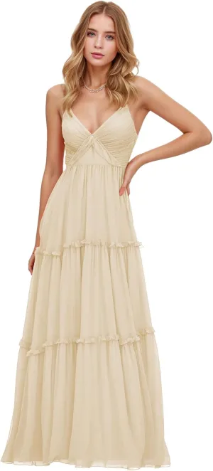 Women Spaghetti Straps Bridesmaid Dresses V Neck Backless Chiffon Long Formal Prom Evening Wedding Guest Party Gowns