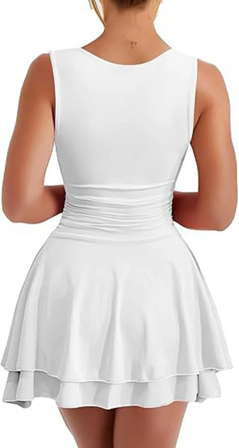Women Square Neck Bodycon Mini Dress Ruffle Hem Ruched Waist Short Party Club Dresses Cocktail Dress Slim Party Dress