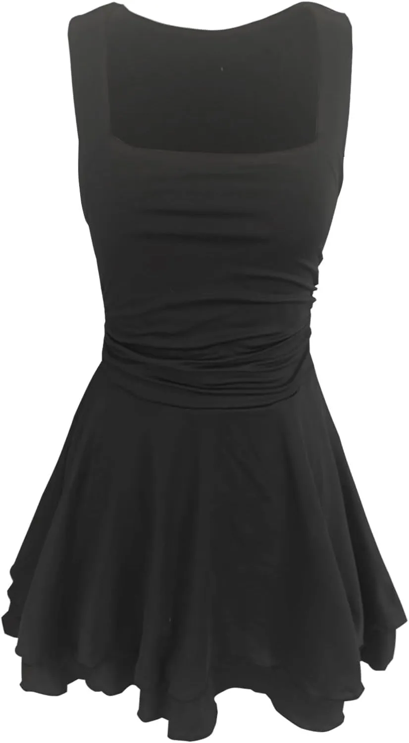 Women Square Neck Bodycon Mini Dress Ruffle Hem Ruched Waist Short Party Club Dresses Cocktail Dress Slim Party Dress