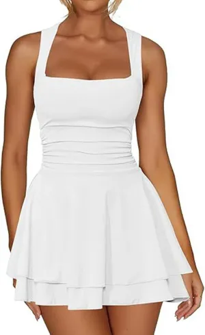 Women Square Neck Bodycon Mini Dress Ruffle Hem Ruched Waist Short Party Club Dresses Cocktail Dress Slim Party Dress