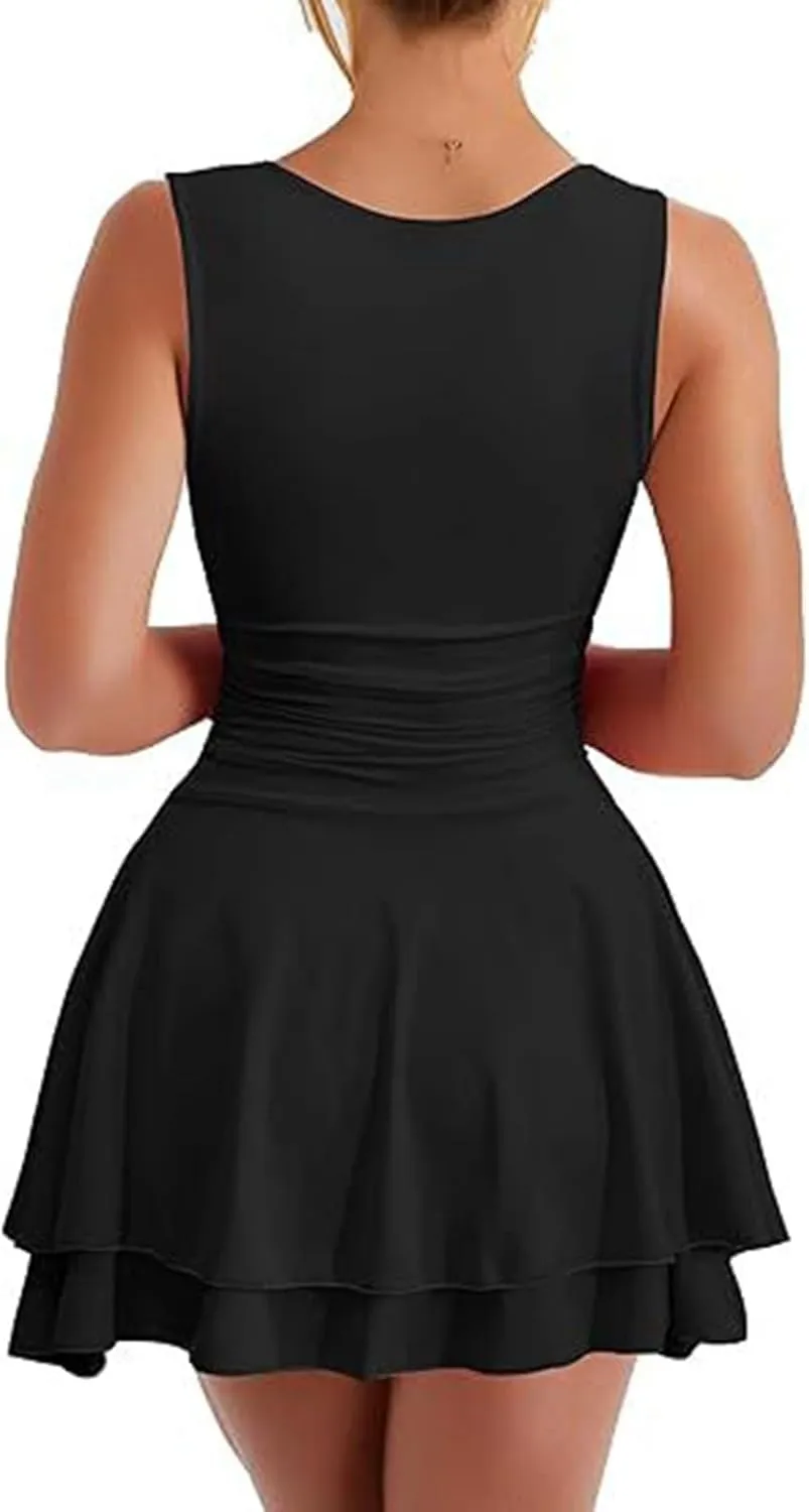 Women Square Neck Bodycon Mini Dress Ruffle Hem Ruched Waist Short Party Club Dresses Cocktail Dress Slim Party Dress