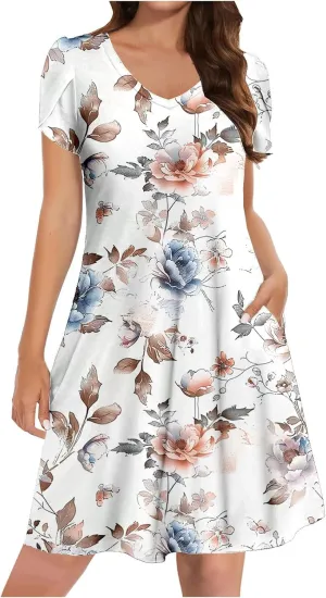 Women Summer Petal Sleeve Mini Dresses with Pockets Casual Aline Flowy V Neck T-Shirt Dress Solid Beach Sundress