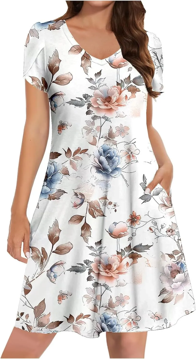 Women Summer Petal Sleeve Mini Dresses with Pockets Casual Aline Flowy V Neck T-Shirt Dress Solid Beach Sundress