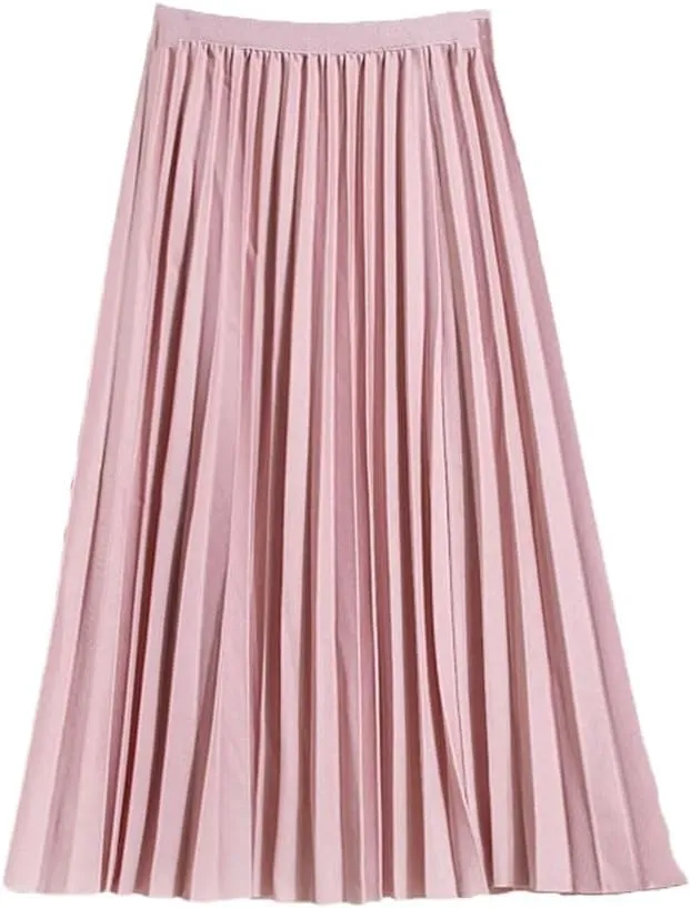 Women Summer Pleated Midi Skirt High Waist Vintage Solid Casual Elastic Skirt