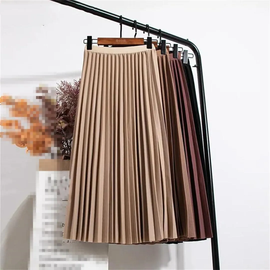 Women Summer Pleated Midi Skirt High Waist Vintage Solid Casual Elastic Skirt