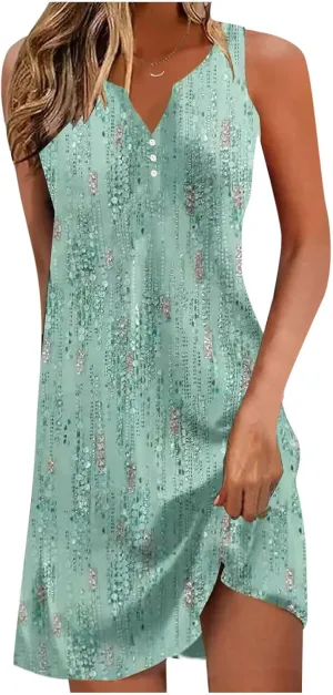 Women Summer Vacation Dresses Trendy V Neck Loose Beach Sun Dress Casual Knee Length Sleeveless Flowy Dresses