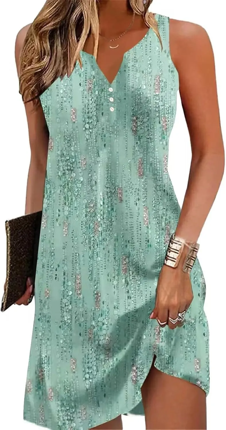 Women Summer Vacation Dresses Trendy V Neck Loose Beach Sun Dress Casual Knee Length Sleeveless Flowy Dresses