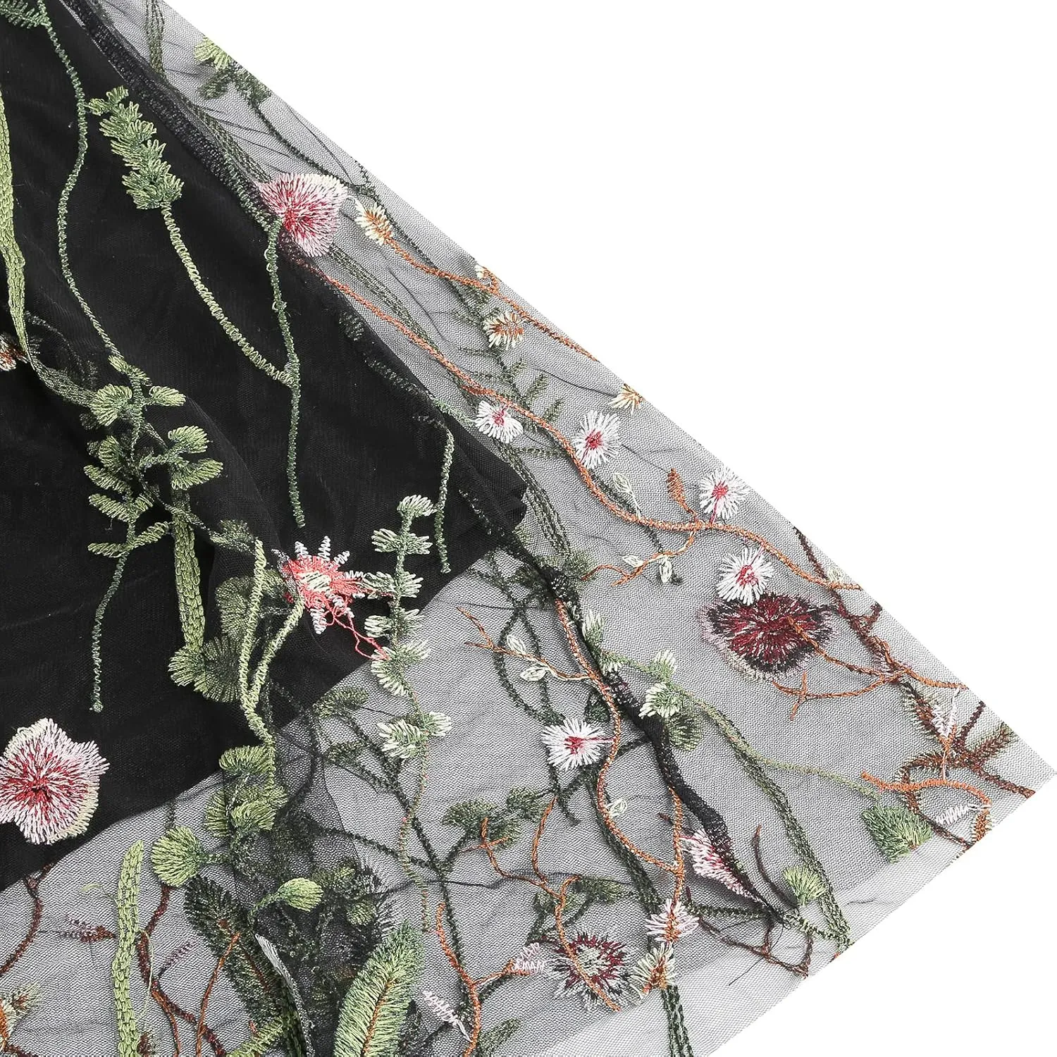 Women Vintage Floral Embroidered Tulle Midi Skirt 50s Party Elastic High Waist A-line Swing Skirts