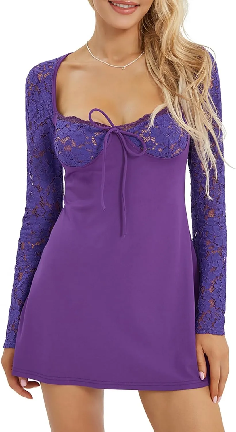 Women Y2K Lace Long Sleeve Mini Dress Square Neck Backless Satin Short Dress Sexy Clubwear