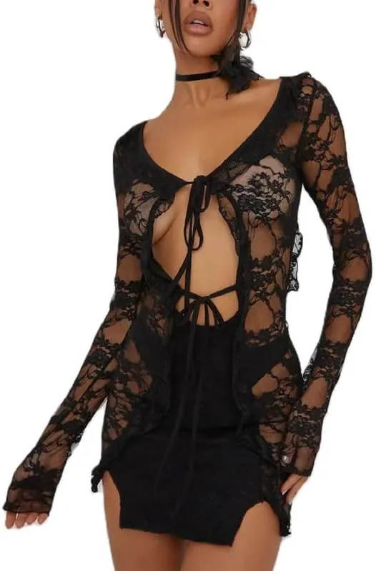 Women Y2K Lace Long Sleeve Mini Dress Square Neck Backless Satin Short Dress Sexy Clubwear
