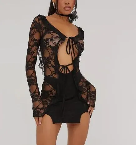 Women Y2K Lace Long Sleeve Mini Dress Square Neck Backless Satin Short Dress Sexy Clubwear