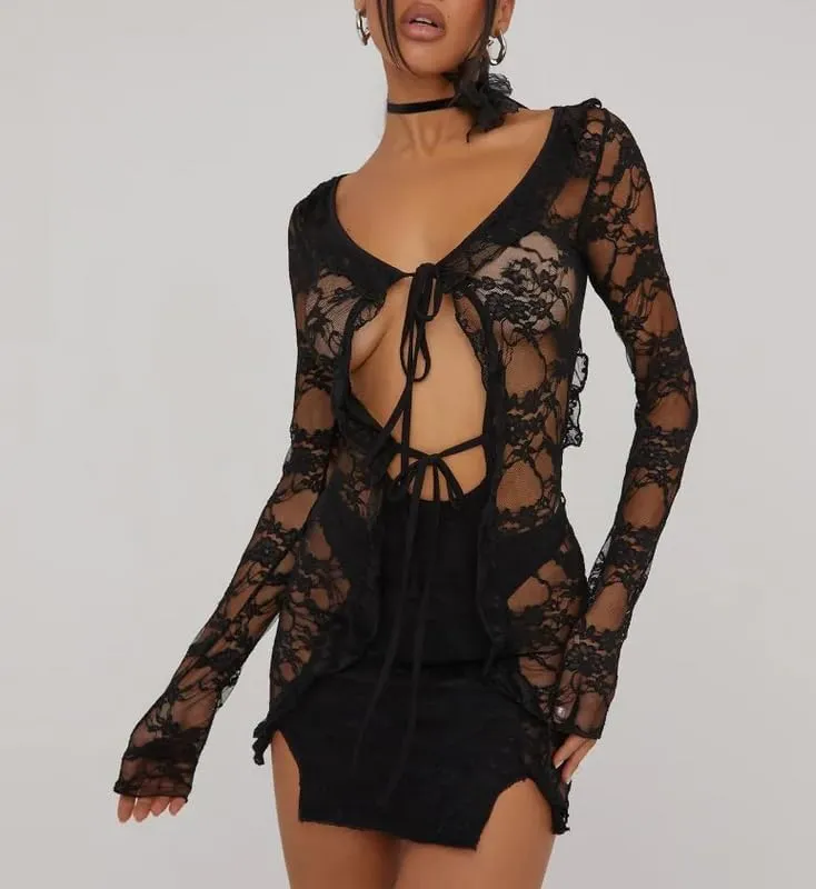 Women Y2K Lace Long Sleeve Mini Dress Square Neck Backless Satin Short Dress Sexy Clubwear