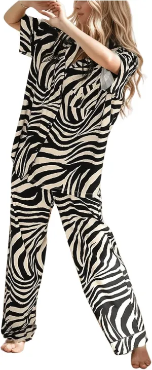 Women's 2 Piece Pajama Set Zebra Pattern Short Sleeve Button Down Sleep Shirt and Pants Sets Nightwear Pj Sets