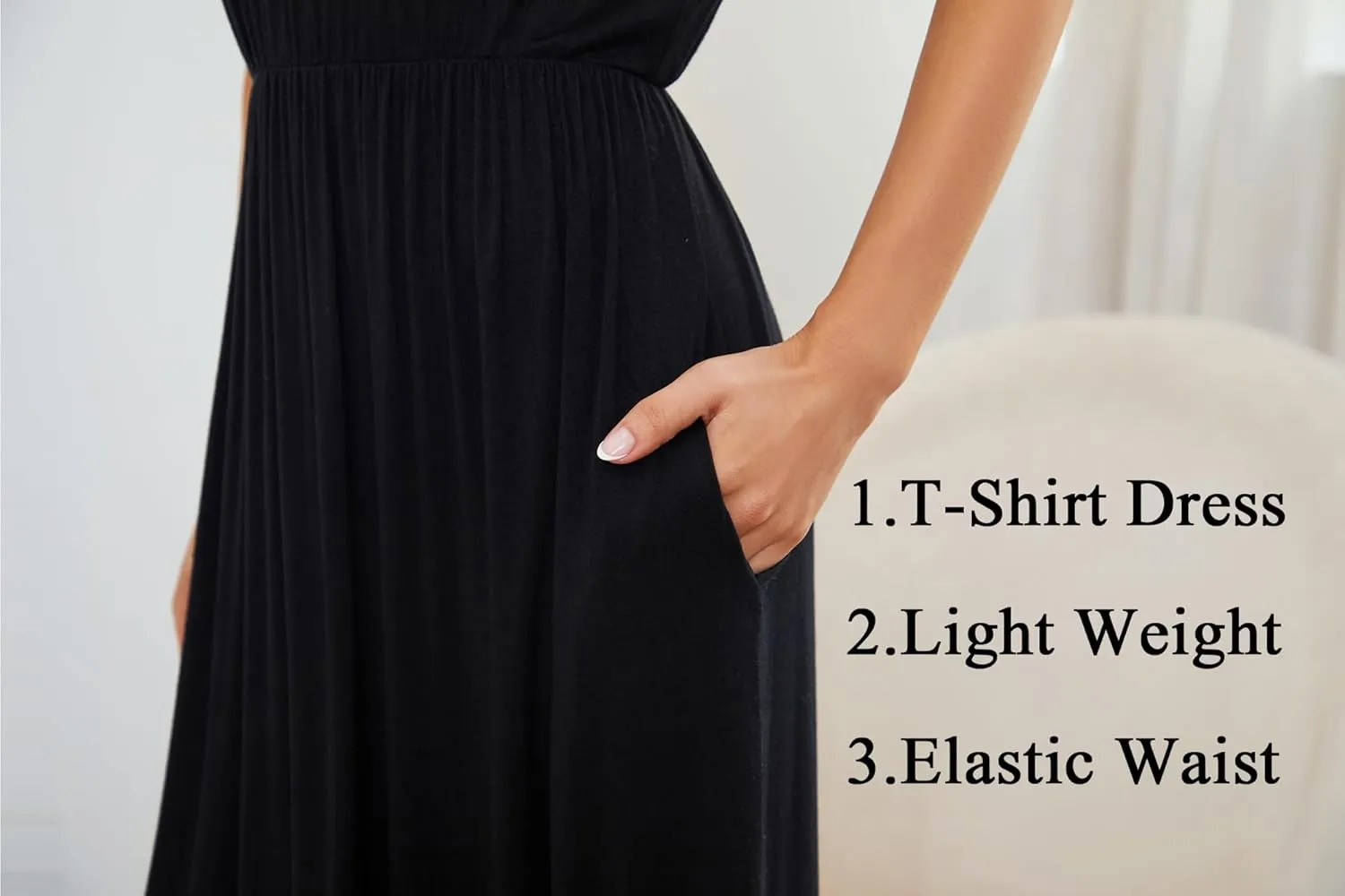 Women's 2024 Summer Short Sleeve Loose Plain Long Casual Empire Waist Maxi Dress with Pockets