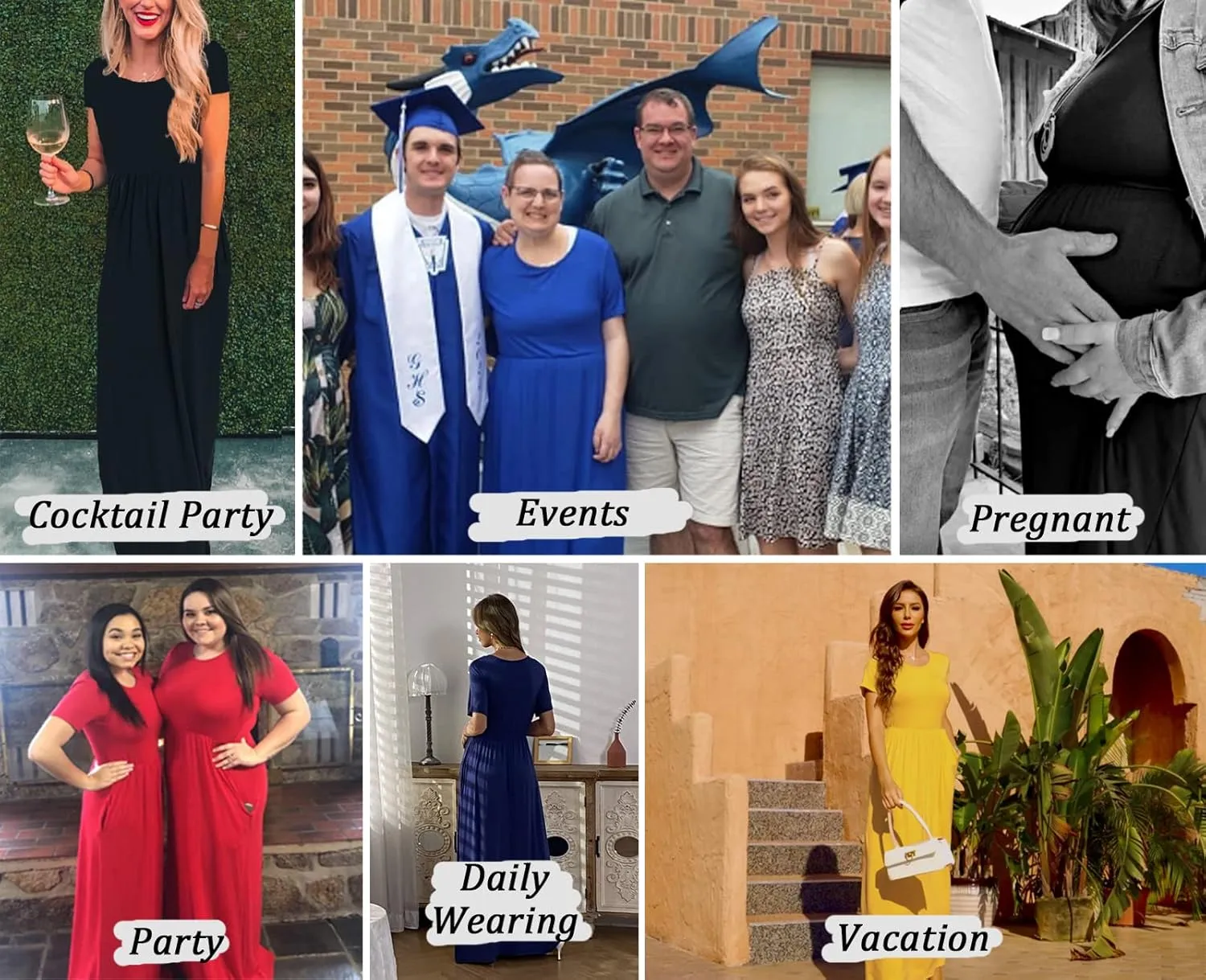 Women's 2024 Summer Short Sleeve Loose Plain Long Casual Empire Waist Maxi Dress with Pockets