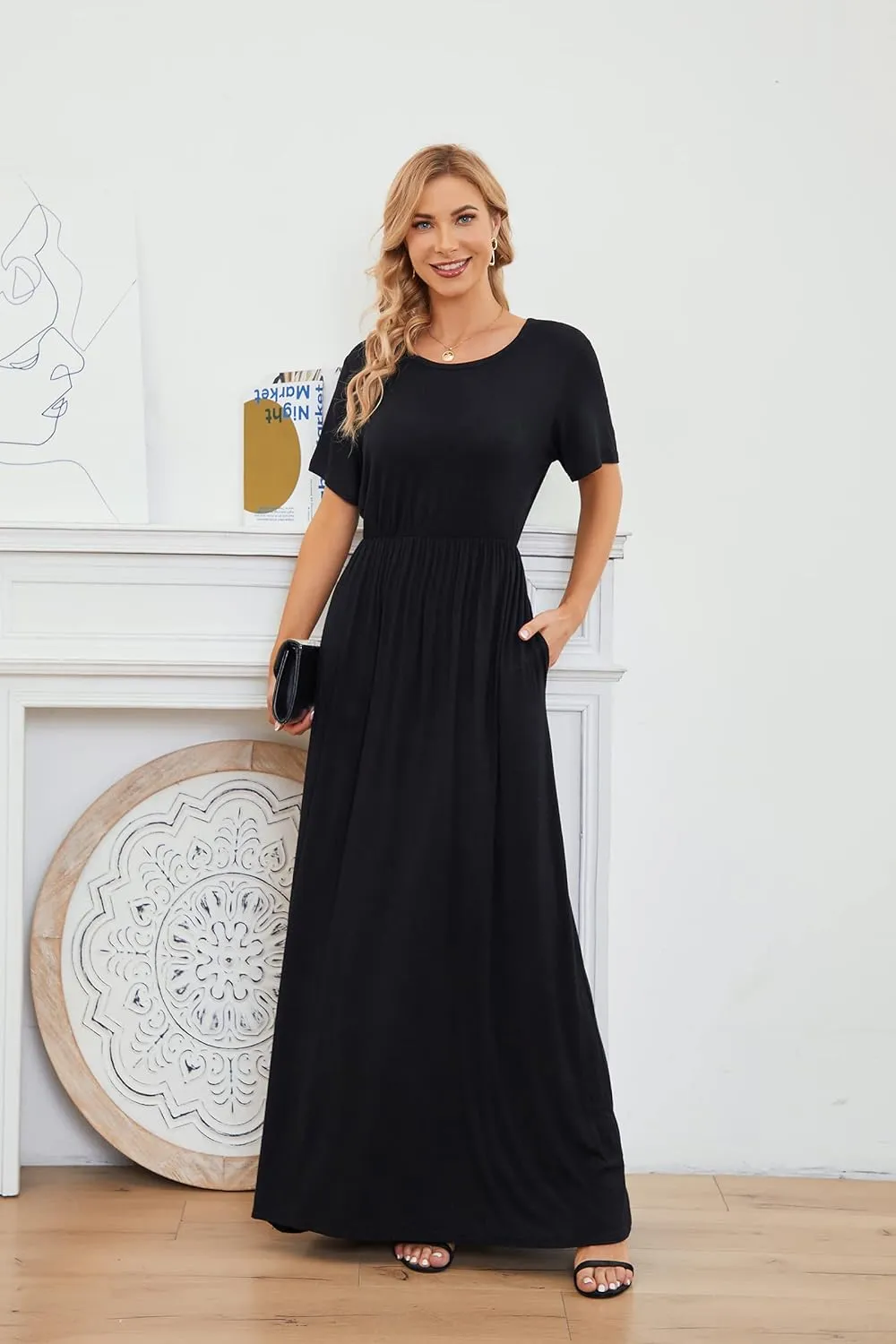 Women's 2024 Summer Short Sleeve Loose Plain Long Casual Empire Waist Maxi Dress with Pockets