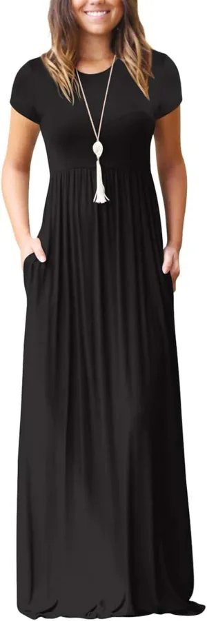 Women's 2024 Summer Short Sleeve Loose Plain Long Casual Empire Waist Maxi Dress with Pockets