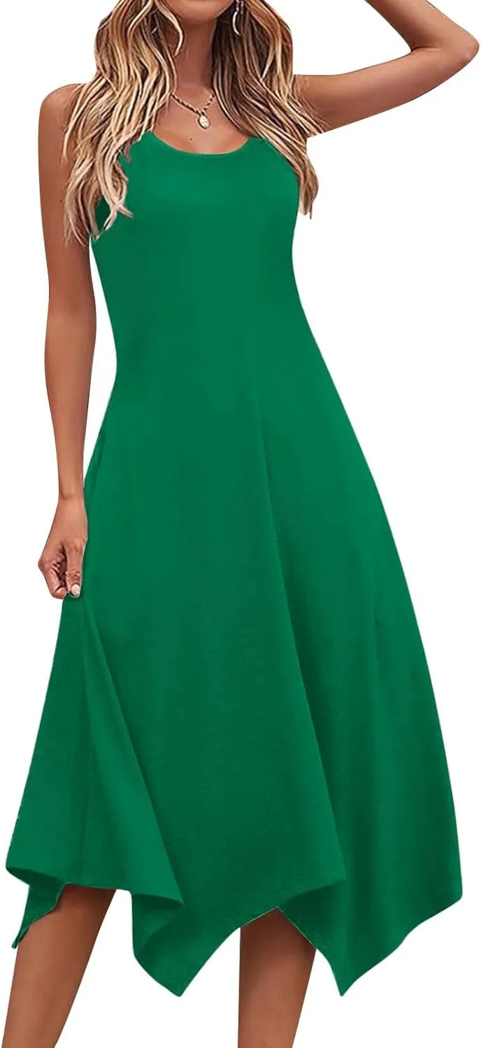 Womens 2025 Summer Casual Dresses Round Neck Sleeveless A Line Flowy Dress Irregular Hem Beach Vacation Midi Dress