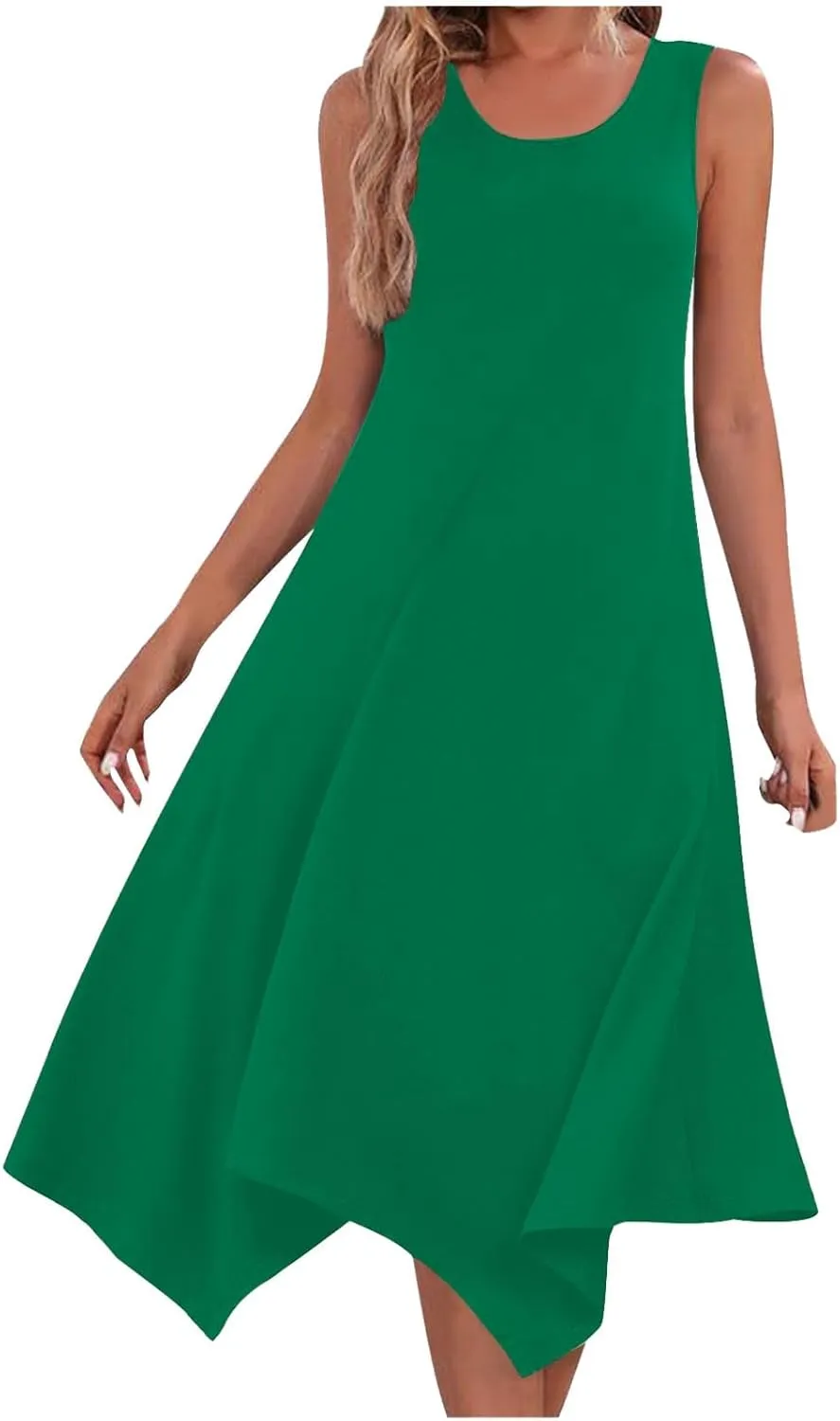 Womens 2025 Summer Casual Dresses Round Neck Sleeveless A Line Flowy Dress Irregular Hem Beach Vacation Midi Dress
