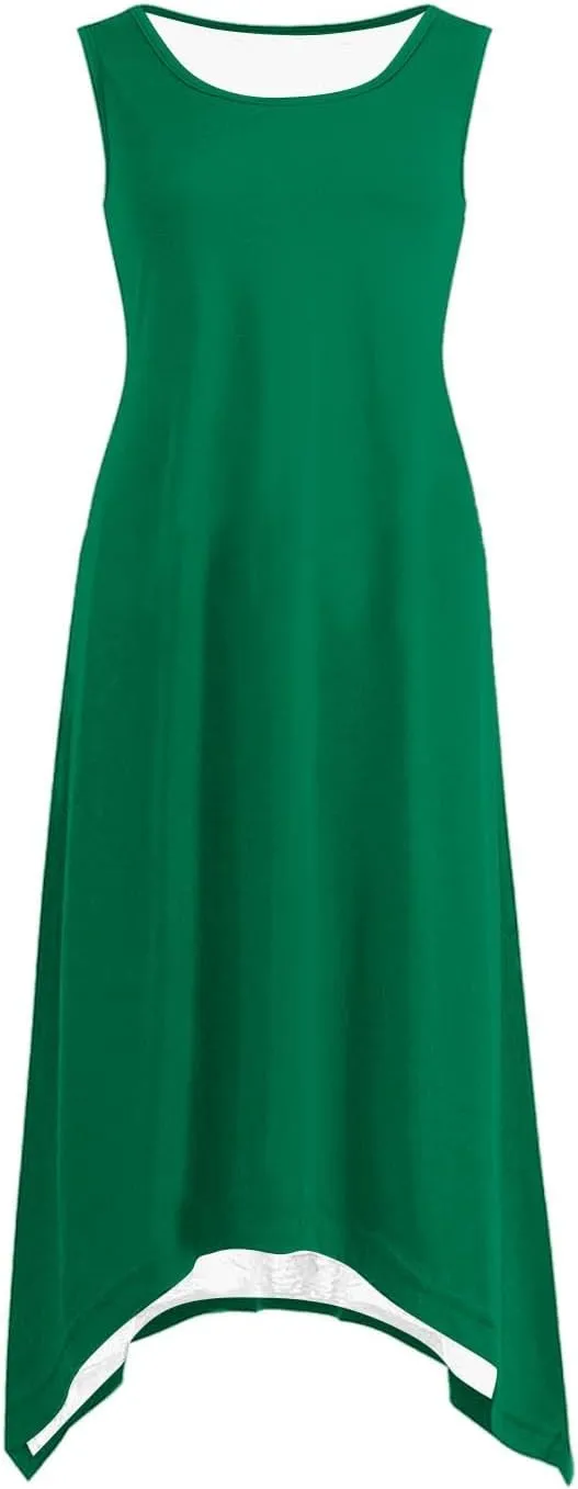 Womens 2025 Summer Casual Dresses Round Neck Sleeveless A Line Flowy Dress Irregular Hem Beach Vacation Midi Dress