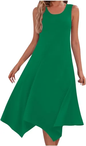 Womens 2025 Summer Casual Dresses Round Neck Sleeveless A Line Flowy Dress Irregular Hem Beach Vacation Midi Dress