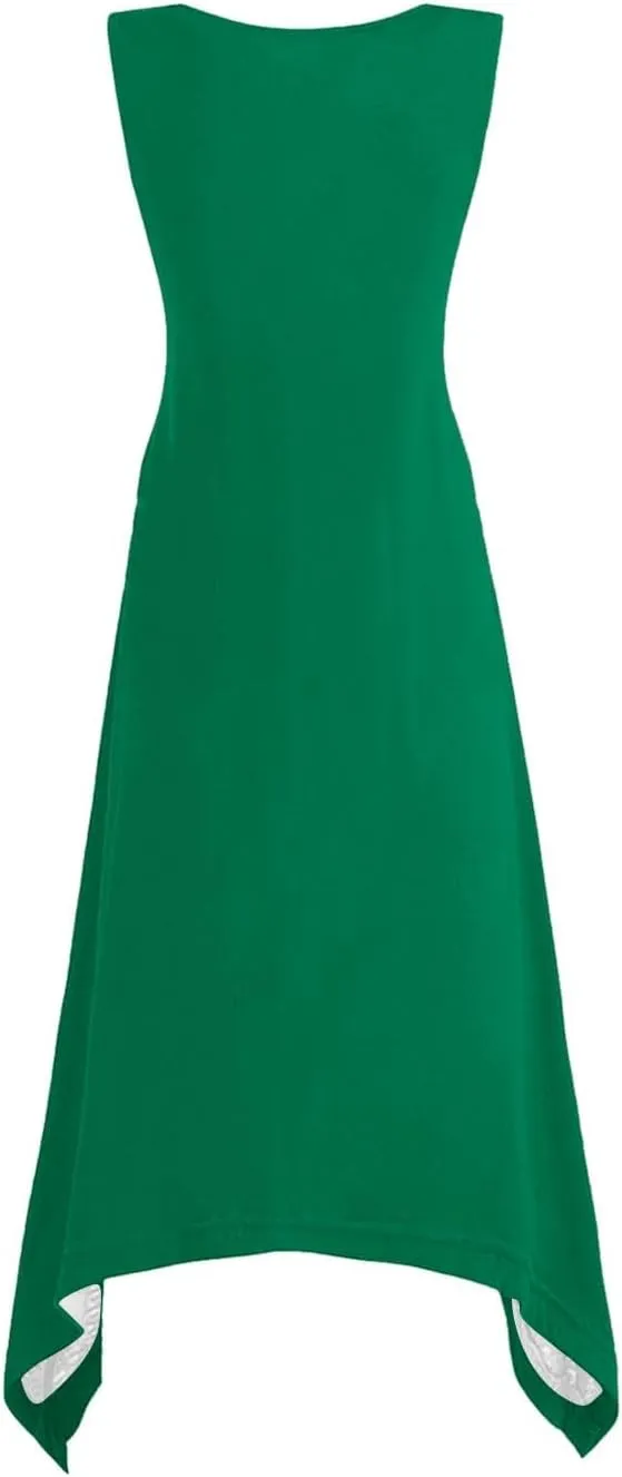 Womens 2025 Summer Casual Dresses Round Neck Sleeveless A Line Flowy Dress Irregular Hem Beach Vacation Midi Dress