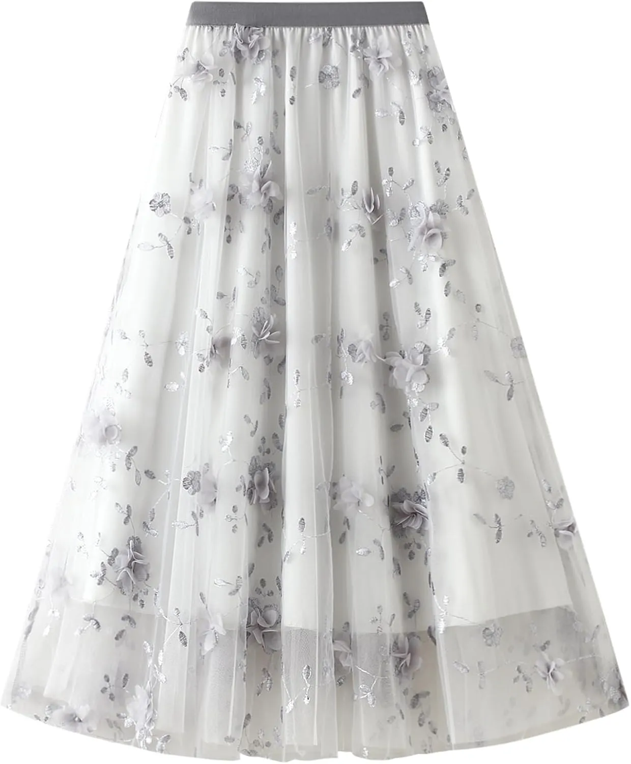 Women's 50s Vintage Floral Embroidery Midi Skirt High Waist Mesh Summer Cocktail Tea Party A-Line Layered Skirt