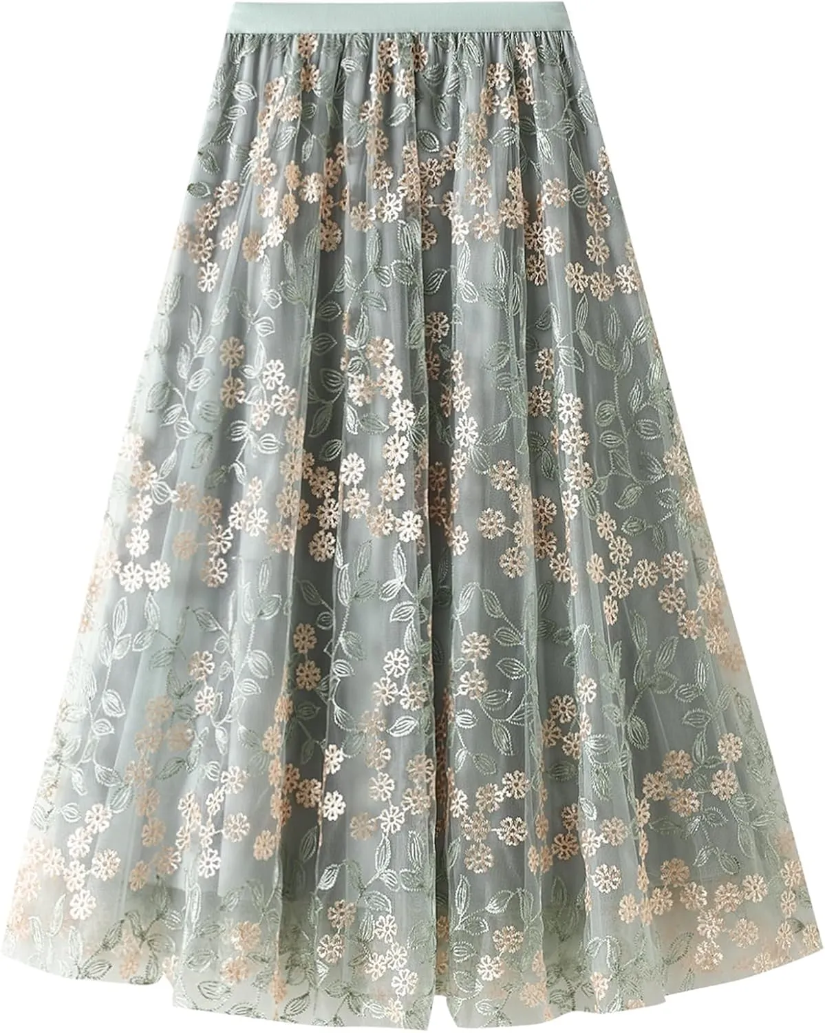 Women's 50s Vintage Floral Embroidery Midi Skirt High Waist Mesh Summer Cocktail Tea Party A-Line Layered Skirt