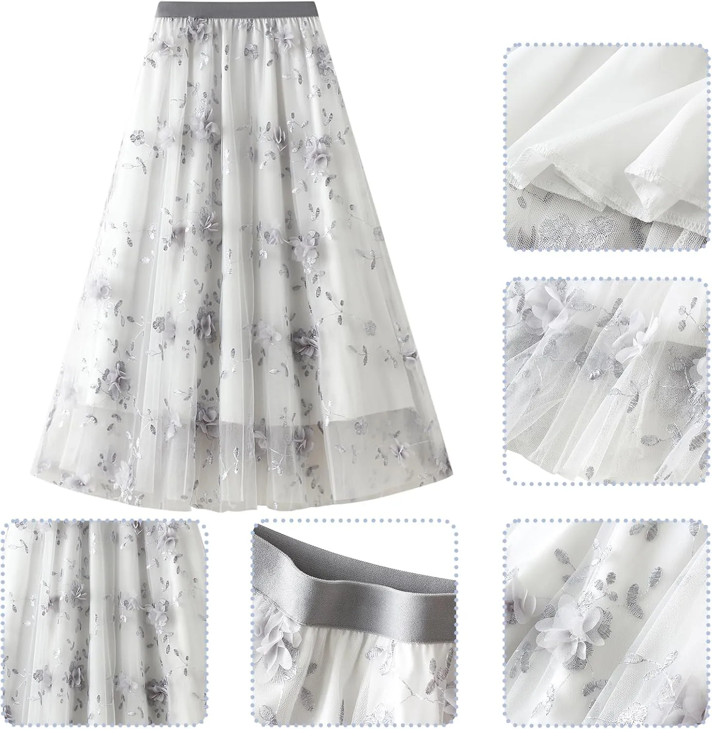 Women's 50s Vintage Floral Embroidery Midi Skirt High Waist Mesh Summer Cocktail Tea Party A-Line Layered Skirt