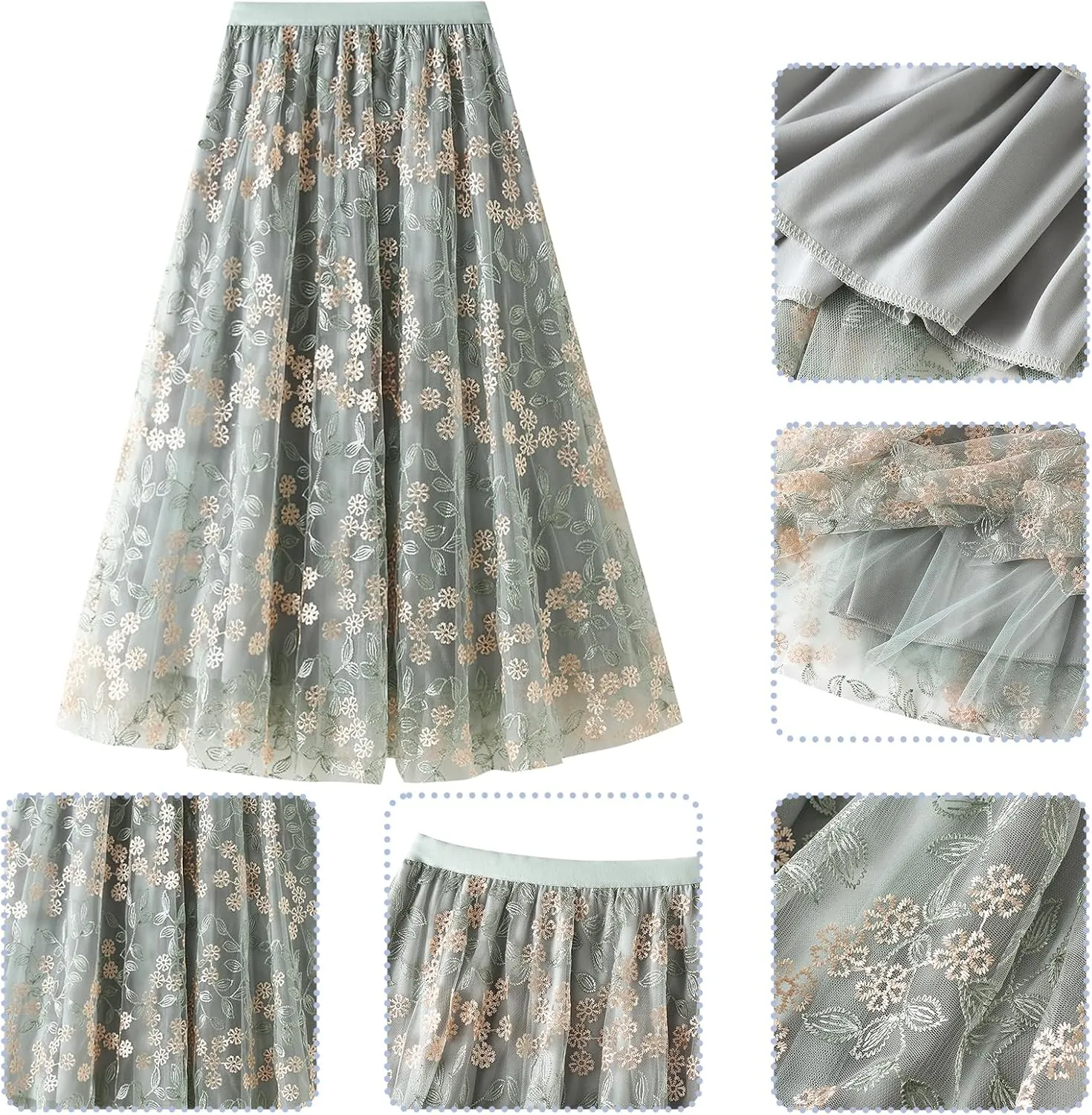 Women's 50s Vintage Floral Embroidery Midi Skirt High Waist Mesh Summer Cocktail Tea Party A-Line Layered Skirt