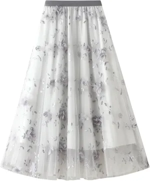 Women's 50s Vintage Floral Embroidery Midi Skirt High Waist Mesh Summer Cocktail Tea Party A-Line Layered Skirt