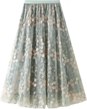 Women's 50s Vintage Floral Embroidery Midi Skirt High Waist Mesh Summer Cocktail Tea Party A-Line Layered Skirt