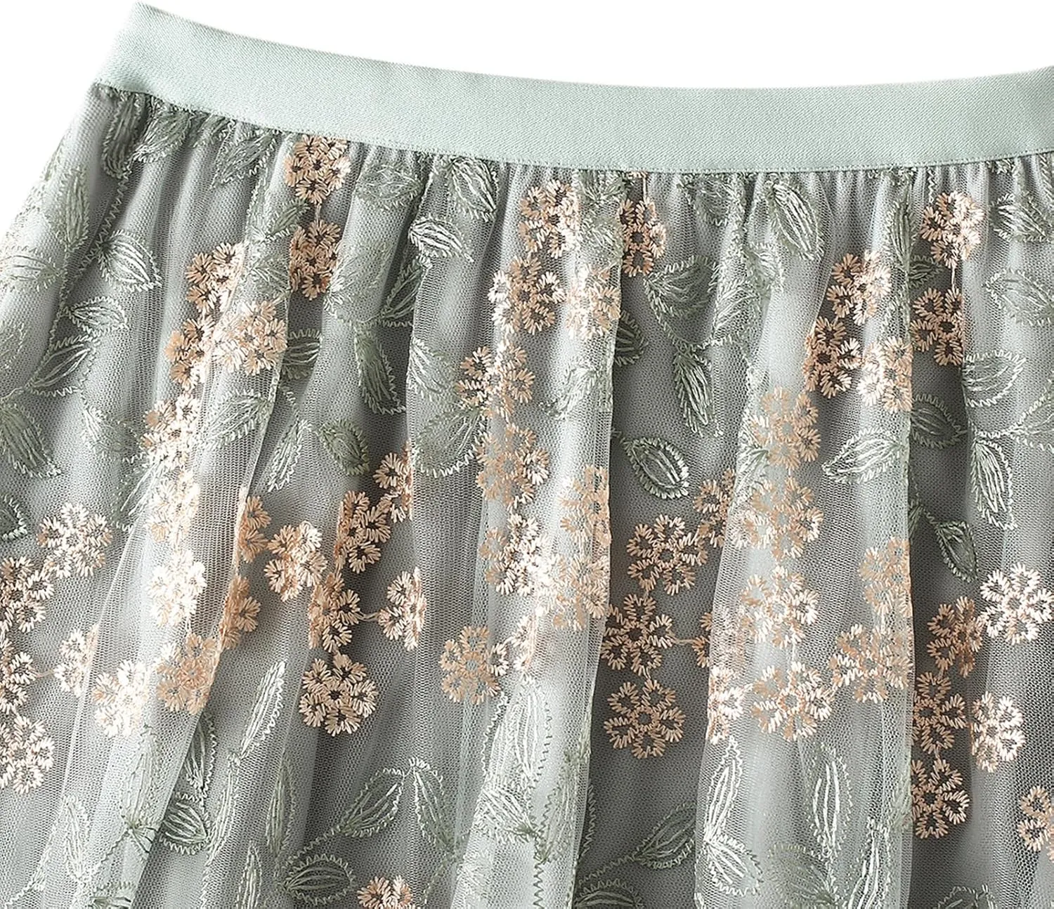 Women's 50s Vintage Floral Embroidery Midi Skirt High Waist Mesh Summer Cocktail Tea Party A-Line Layered Skirt
