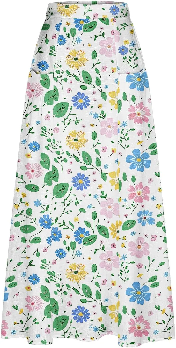 Women's Boho Floral Print High Waist A Line Ruffle Pleated Flowy Midi Skirts Comfy Casual Mid Calf Half Dress