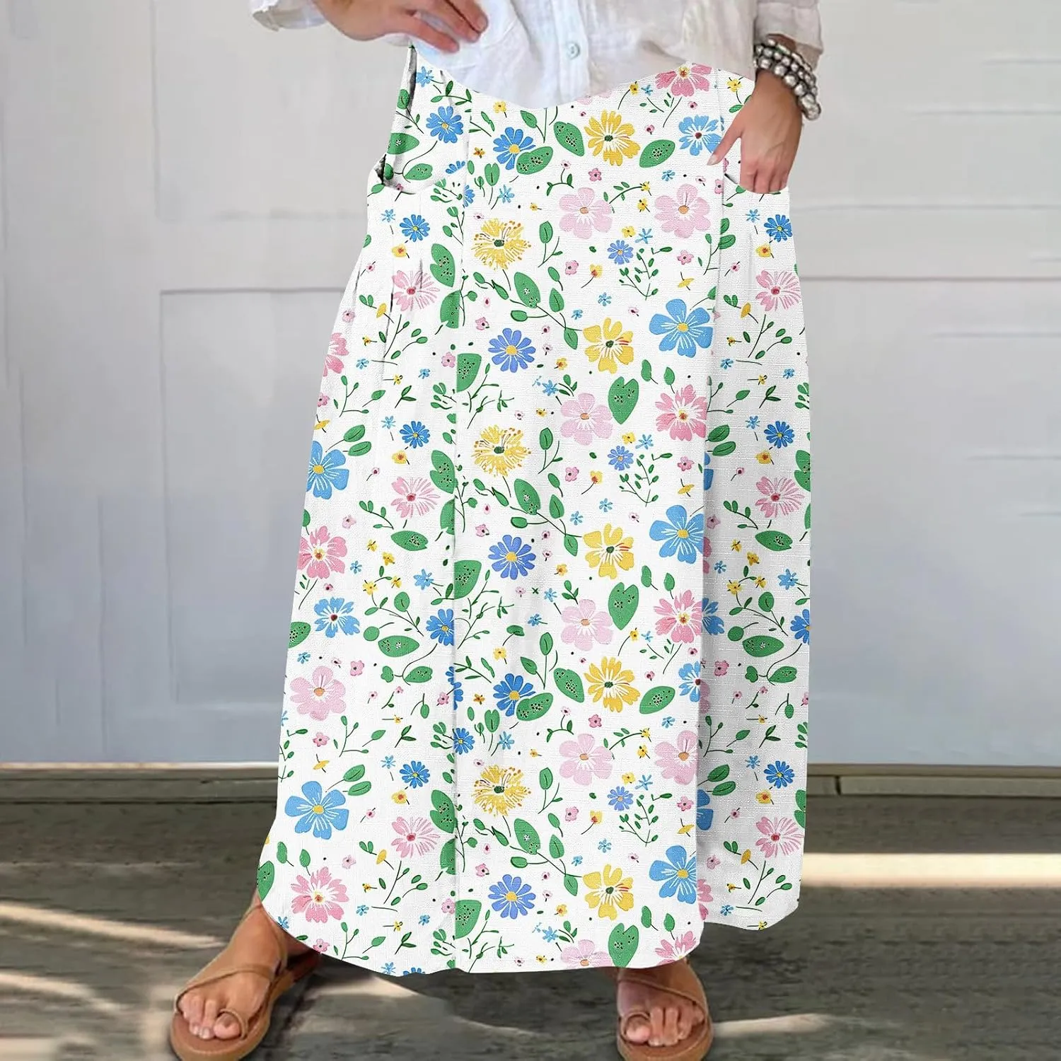 Women's Boho Floral Print High Waist A Line Ruffle Pleated Flowy Midi Skirts Comfy Casual Mid Calf Half Dress