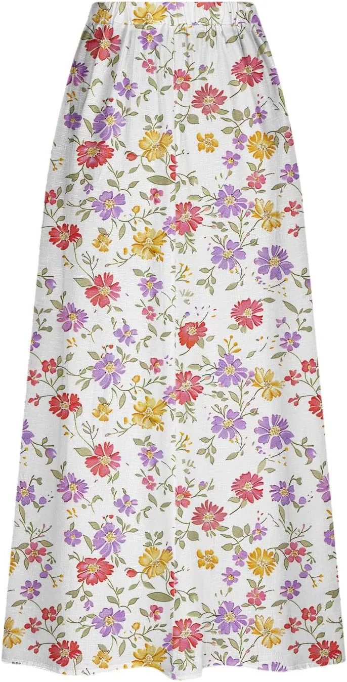 Women's Boho Floral Print High Waist A Line Ruffle Pleated Flowy Midi Skirts Comfy Casual Mid Calf Half Dress