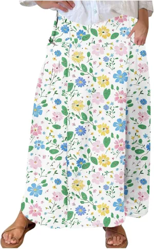 Women's Boho Floral Print High Waist A Line Ruffle Pleated Flowy Midi Skirts Comfy Casual Mid Calf Half Dress